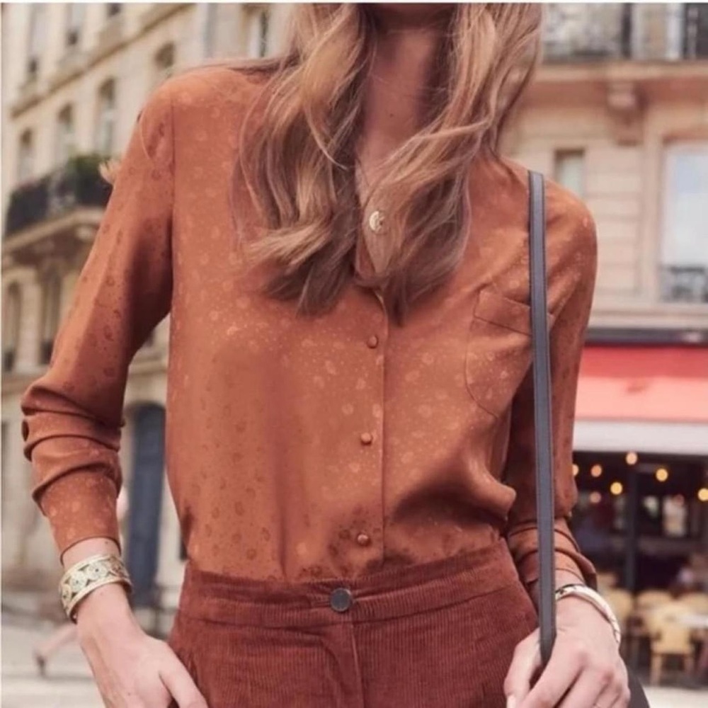Sézane Florence silk blouse in caramel, size 40